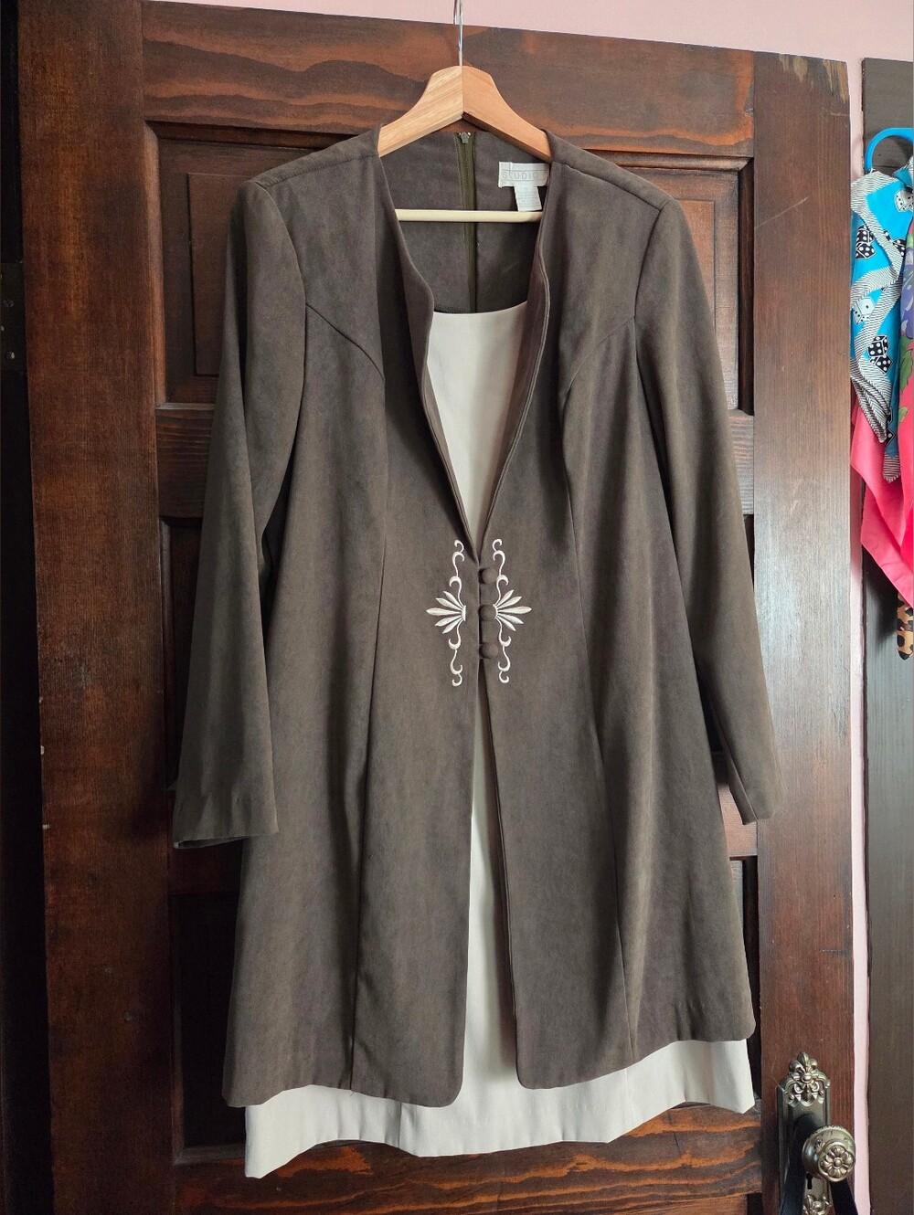 Women’s Forest Green Suede Long Coat with Embroidered Closure